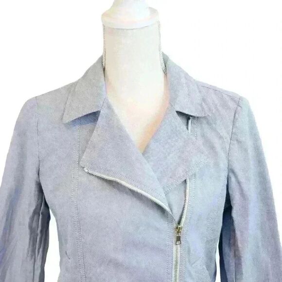Ann Taylor Baby Blue Denim Cropped Jacket Asymmetrical Zip Size Small Petite - Picture 3 of 7